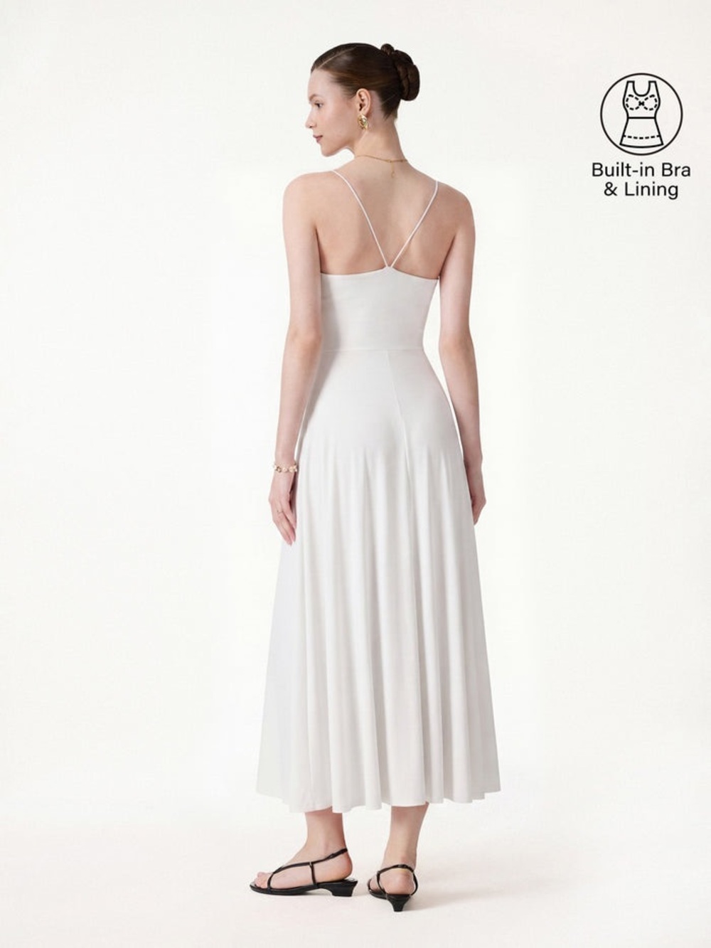 OGL SkinKiss Classy Spaghetti Open Back Midi Bra Dress with Pockets, White in M